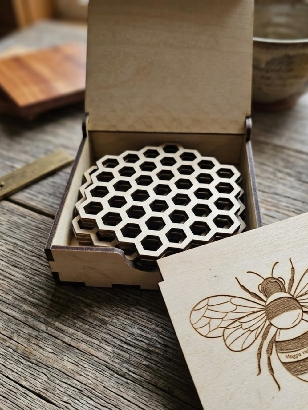 Laser-Cut Hexagon Wood Coasters - Natural Wood Bee Box Set